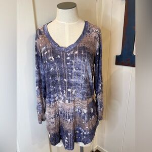David Cline Blue and Taupe V-Neck Long Sleeve Tunic SZ M Long Sleeve